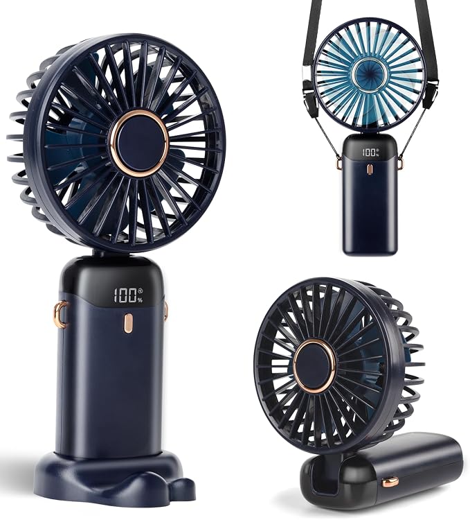 Portable Handheld Fan, 12 hours, Upgrade 3200mAh Portable Fan with LED Display, 90° Foldable, 5 Speed Wind,Hand Held/Neck/Desk 3 in 1 Personal Small Fans, Makeup Fans for Women (Dark Blue) by Unknown