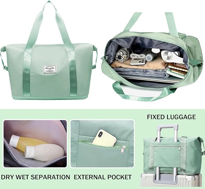 INVODA Travel Duffel Bag For Women and Men Waterproof Expandable Weekender Overnight Carry On Tote Bag Dry Wet Separation Swim Sports Gym Bag (Green) - Image 7
