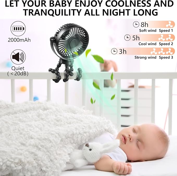 snawowo Mini Handheld Personal Portable Fan, Baby Stroller Fan | Car Seat USB or Battery Powered, with Flexible Tripod Clip on Student Bed Desk Bike Crib Treadmill Camping Traveling - Image 4