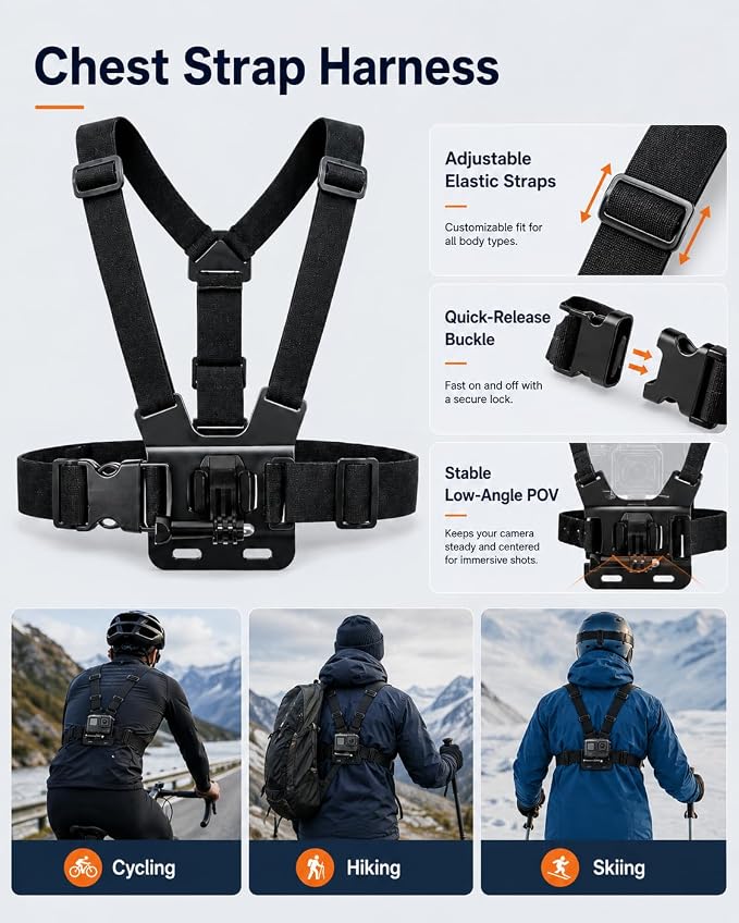 6 in 1 Accessories Kit for Action Camera, Chest Mount Harness Strap, Head Strap Mount, Suction Cup, Selfie Stick, Floating Handle Grip, Flexible Octopus Tripod, Fit for Recording VLOG/POV - Image 2