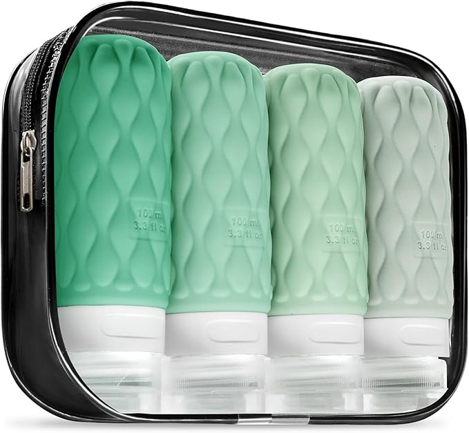 3.4oz Silicone Travel Bottles for Toiletries Refillable Liquid Accessories | for Shampoo and Conditioner, TSA Approved Leakproof Squeeze Bottles Travel-friendly with Labels/Clear Bag by Lericttor