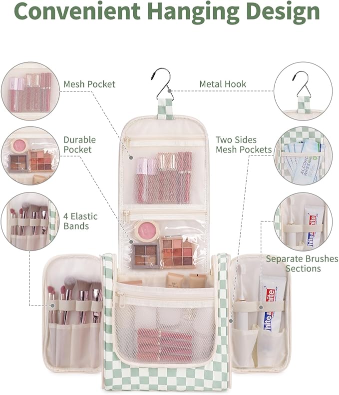 Narwey Travel Toiletry Bag for Women, Checkered Large Hanging Makeup Bag Organizer Cosmetic Make up Bags for Women, Travel Bag for Toiletries (Mint Green Checkerboard) - Image 2
