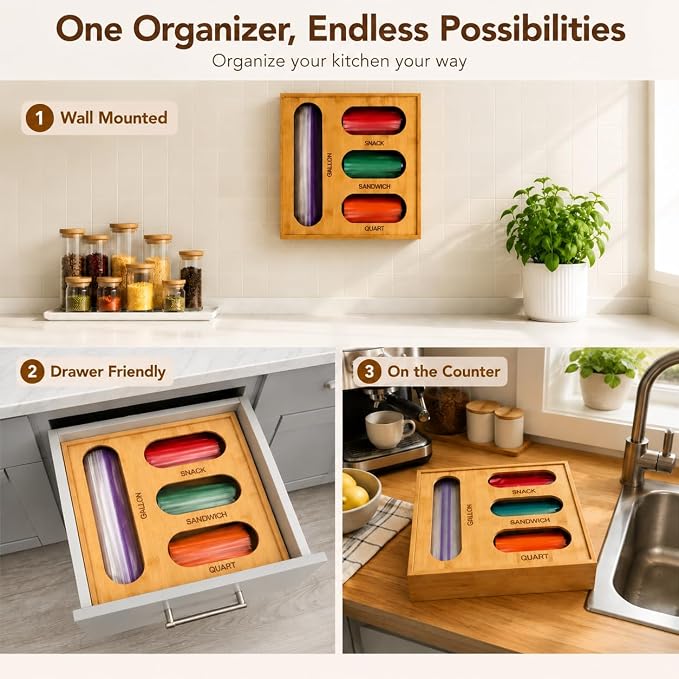 4 in 1 Bamboo Bag Storage Organizer for Sandwich, Snack, Quart,Gallon Bags - Image 3