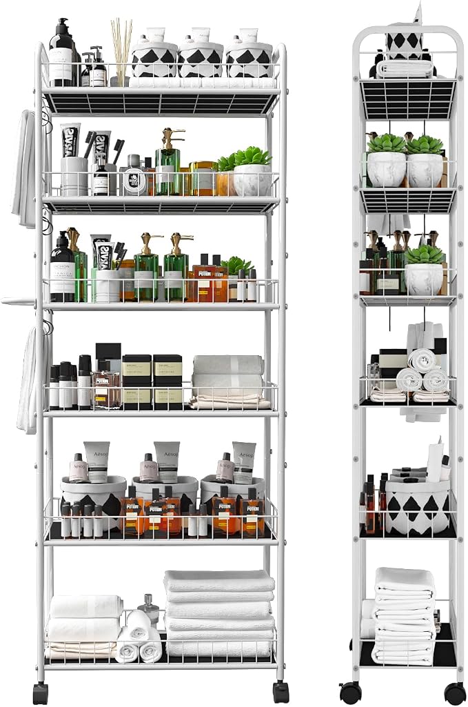 10in 6 Tier Slim Storage Cart with Wheels, Narrow Space Rolling Shelving Unit with Handle, Metal Wire Mobile Organizer Rack for Kitchen Bathroom Office Laundry by Seadasyoon