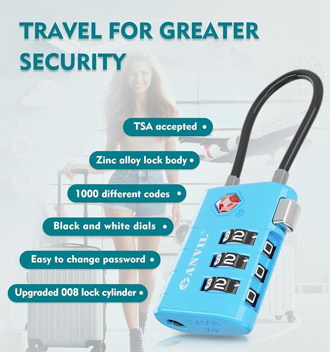 ANVIL TSA Approved Luggage Locks – High Security TSA008 Combination Travel Locks with Inspection Indicator for Suitcases and Backpacks. (2, Bule) - Image 5