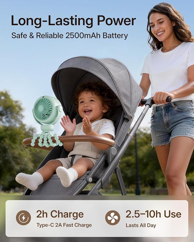 SWEETFULL Portable Stroller Fan, Pinch-Proof Baby Fan - Green | Wide Turbine Airflow; Safe Design; LED Display; 5-Speed; 30dB Quiet; USB-C Rechargeable; Mini Clip On Fan for Car Seat & Bed - Image 4