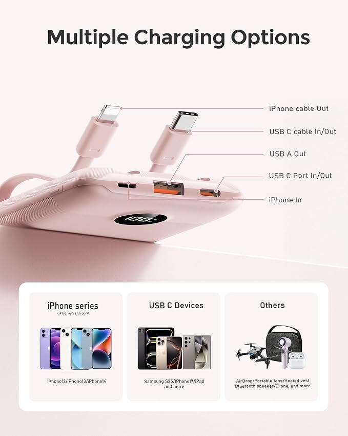 Mini Portable Charger with Built-in Cables 22.5W Fast Charging Power Bank USB-C Small Battery Pack 10000mAh Travel Essential Slim Battery for iPhone 17/16/15/14, Samsung 25/24, and More | with Built-in Cables Power Bank,USB-C Small Battery Pack Travel ... - Image 3