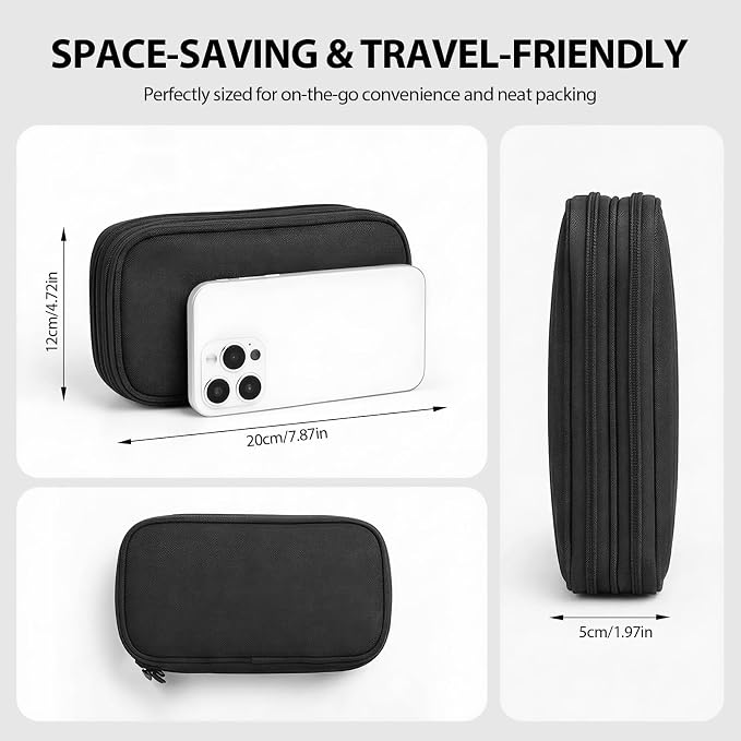 Double Layer Cable Organizer Bag Water-Resistant Tech Pouch Black | Padded Oxford fabric construction with 8 compartments and elastic loops to securely store chargers, power banks and cords. - Image 2
