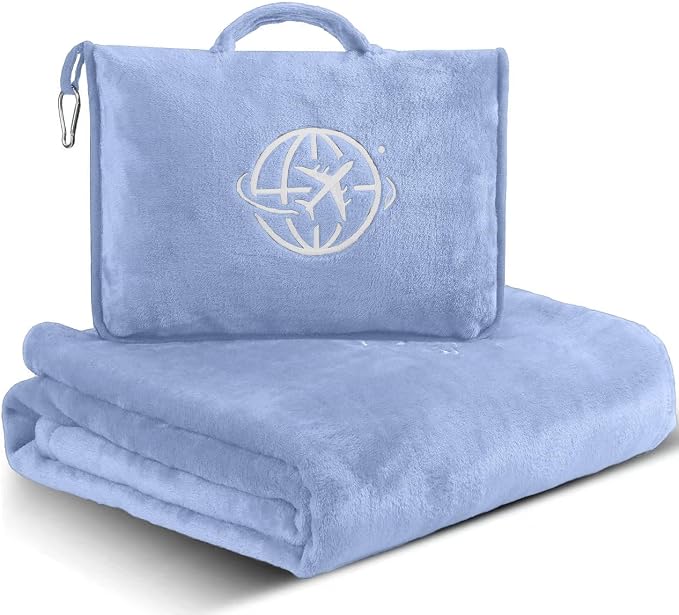 2-in-1 Travel Blanket and Pillow – Lightweight, Compact, Ultra Soft, Machine Washable – Handle, Luggage Sleeve, Backpack Clip – for Travel Airplane, Car, Office (Light blue) by Unknown