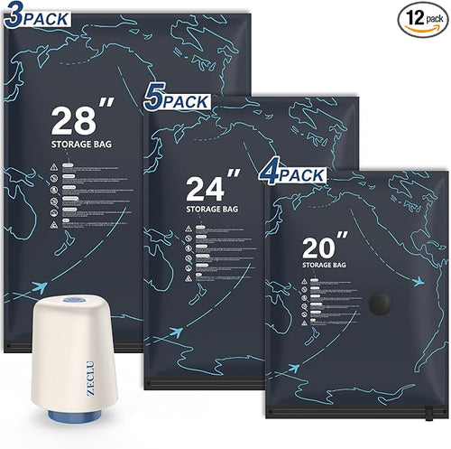 12 Pack Vacuum Bags for Travel with Pump for Clothing and Luggage | Rechargeable USB-C Pump, 3 Sizes, Space Saver Compression Bags for Suitcase, Carry-on, Flight and Closet Storage by ZECLU