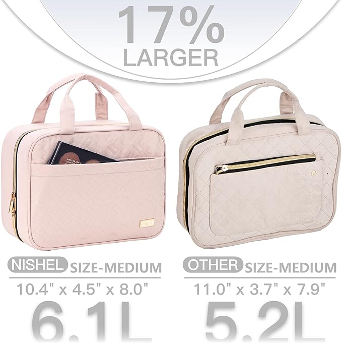 NISHEL Travel Toiletry Bag for women, Portable Hanging makeup Organizer | for Travel-Sized Shampoo, Conditioner, Brushes Set, makeup Accessories, Medium Size, Pink - Image 3