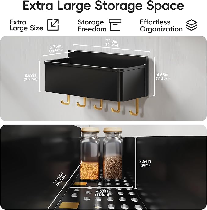 Magnetic Spice Rack for Refrigerator Large Magnet Shelf for Fridge Kitchen Organizer and Storage with 5 Removable Golden Hooks - Image 6