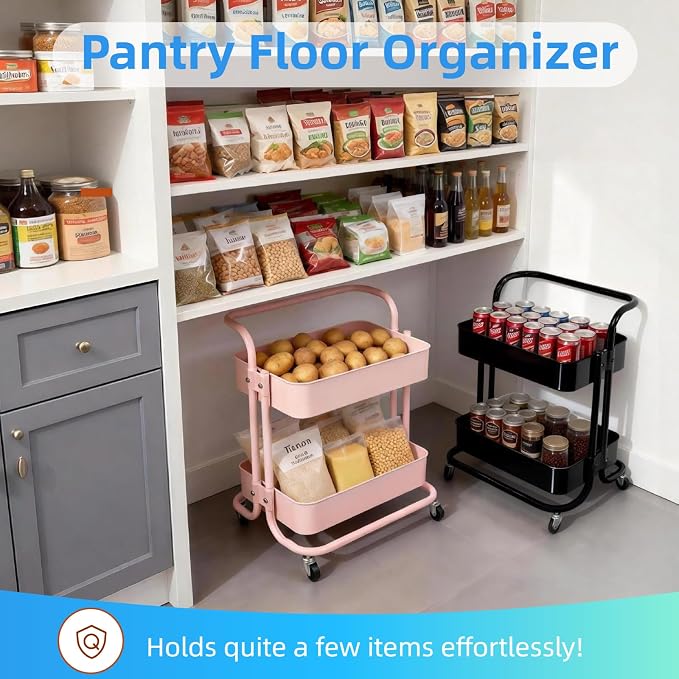 2 Tier Short Rolling Cart with Wheels All-Metal Pink Pantry Storage for Kitchen,Under Desk Trolley with Handle Small Wheeled Storage Cart for Laundry Room Bathroom, Under Table Small Space - Image 2