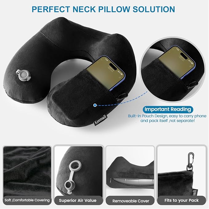 Keemall Portable Inflatable Travel Neck Pillow for Airplane, Car & Office | Ergonomic Velvet Cervical Cushion Relieves Neck Pain, Great for Business Travel, Plane, Car & Daily Commute, Premium Black - Image 3