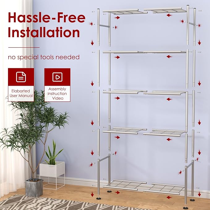 Sakugi Storage Shelves - 5 Tier Shelf Organizer, Heavy Duty Garage Shelving Unit with Leveling Feet, Stable Metal Shelves Organizer for Pantry, Kitchen and Closet, 33.0" W x 12.6" D x 72.0" H, Silver - Image 7