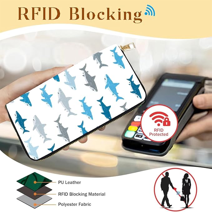 Women's RFID Blocking PU Leather Zip-Around Wallet, Large Capacity Clutch with Phone Holder, Travel Purse & Card Organizer with Removable Wristlet,Shark Animal - Image 2