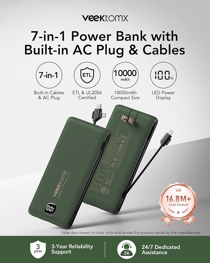 VEEKTOMX Portable Charger with Built-in Cables and AC Wall Plug, 10000mAh | Pocket-Size Travel Power Bank with USB-C and Micro-USB Cables for up to 4 Devices Including iPhone, iPad and Samsung, Green - Image 2