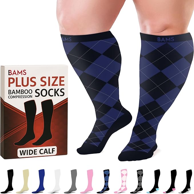BAMS Plus Size Compression Socks Wide Calf XL XXL XXXL – Graduated Knee-High Support, Viscose from Bamboo Easy-On/Easy-Off by BAMS