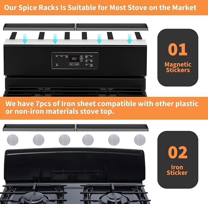 BFONS 30" Magnetic Stove Top Shelf Spice Rack Storage, Silicone Top Heat Material Stove Rack Shelf Flexible Seasoning Organizer Kitchen Shelves Gadgets with 2 Functional Prtitions for Kitchen （Grey） - Image 3