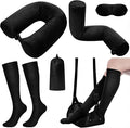 BreezeHug 4 Pcs Travel Comfort Kit with Memory Foam Travel Pillow Airplane Footrest Hammock 3D Contoured Eye Mask Compression Socks Neck Pillow for Car Flight Sleeping Support (Black) by Unknown