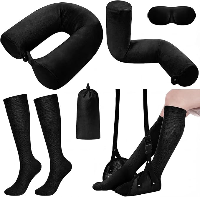 BreezeHug 4 Pcs Travel Comfort Kit with Memory Foam Travel Pillow Airplane Footrest Hammock 3D Contoured Eye Mask Compression Socks Neck Pillow for Car Flight Sleeping Support (Black) by Unknown
