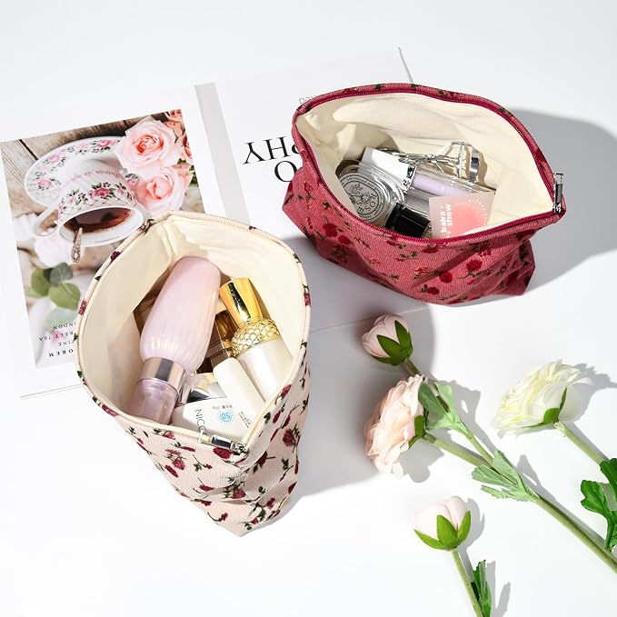 SOIDRAM 2 Pieces Rose Makeup Bag Large Corduroy Cosmetic Bag Capacity Canvas Travel Toiletry Bag Organizer Cute Makeup Brushes Aesthetic Accessories Storage Bag for Women, Rose L White Pink - Image 4