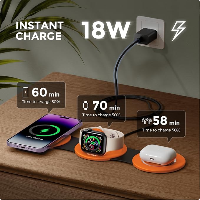 HICOBER 3-in-1 Wireless Charging Station for iPhone, Watch, AirPods, Orange | Charge 3 devices at once, foldable, case-friendly and ready for travel - Image 2