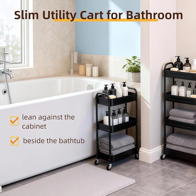 3 Tier Slim Metal Rolling Storage Cart for Laundry Room & Kitchen Organizer, 7.1'' Thin Standing Shelf for Narrow Spaces, Skinny Utility Cart with Wheels & Casters for Bathroom, Black - Image 6