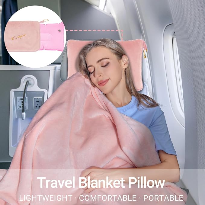 Travel Blanket and Pillow Set, 300 GSM Soft Fleece, 60x43 Inches, 3-in-1 Compact with Bag, Pink - Image 7