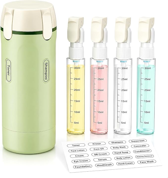 4-in-1 Travel Dispenser Bottle, Travel Toiletry Containers, 30mL Bottles | 4 Refillable Travel Size Containers, Leakproof Pump Bottles for Shampoo, Lotion and Conditioner, TSA Travel Essentials by Unknown