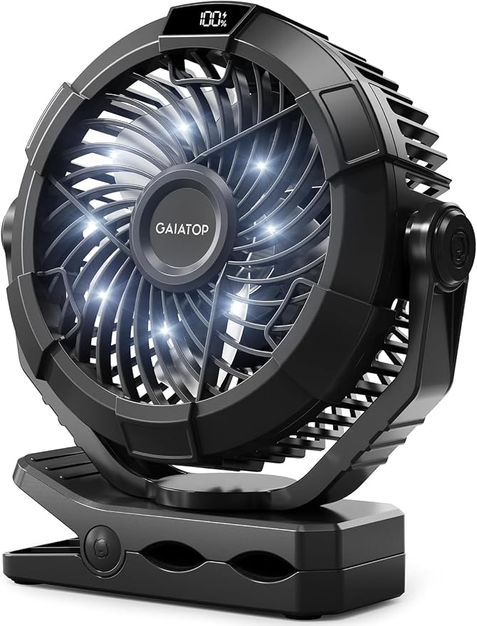Gaiatop Portable Camping Fan with LED Lantern, Clip on Fan for Tent | USB Rechargeable Battery Powered, 360° Adjustable Tilt, LED Digital Display, Up to 14H Runtime, Outdoor & RV Use by GAIATOP