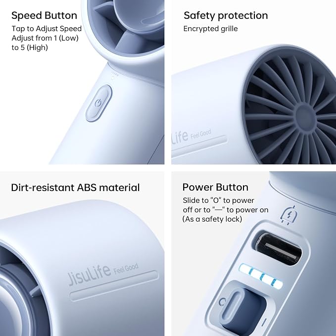 JISULIFE Portable Handheld Fan, 4000mAh Rechargeable, 5-Speed - Blue | Travel Essential for Outdoor, Camping, Beach & Makeup, 22H Runtime, Powerful Airflow, Ultra-Quiet, Gift for Women & Men - Image 6