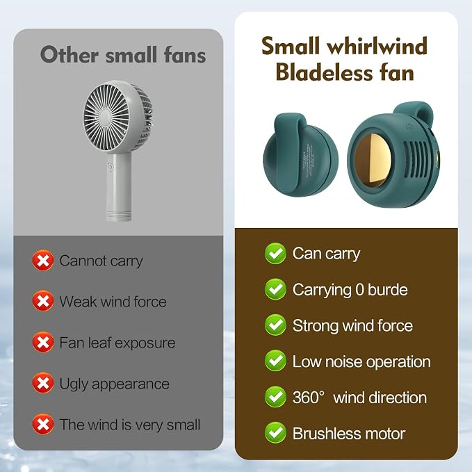 Portable Silent Mini Bladeless Electric Fan,Small fan Clip on for Shirt & Waist,2026 New Mini Bladeless Fan Clip On,Adjustable 3-Speed For Outdoor & Travel & Office, Travel Accessories, Gift (green) - Image 4