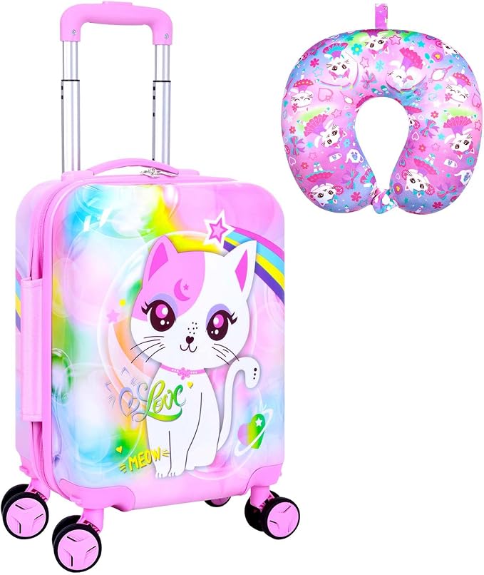 Kids Luggage Set with Wheels, Lightweight Hardshell Spinner Suitcase 2PCS - Airplane Approved Carry-On for Girls & Children Ages 3-10, Pink Cat Rolling Suitcases for Elementary Toddler Travel by UFNDC