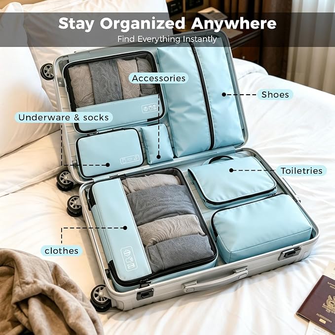 Compression Packing Cubes Set, Versatile 8pcs Travel Essentials for Packing | Lightweight Travel Organizers for Family & Business Travel, Space Save for Backpack, Duffel & Suitcase- Blue - Image 5