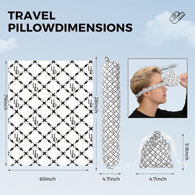 Travel Pillow with Detachable Flannel Blanket & Eye Mask – Plush Velvet Neck Support Pillow for Airplane,Car,Office Rest,Coordinated Digital Print Set (Black Circular Grid, 60in * 79in) - Image 4