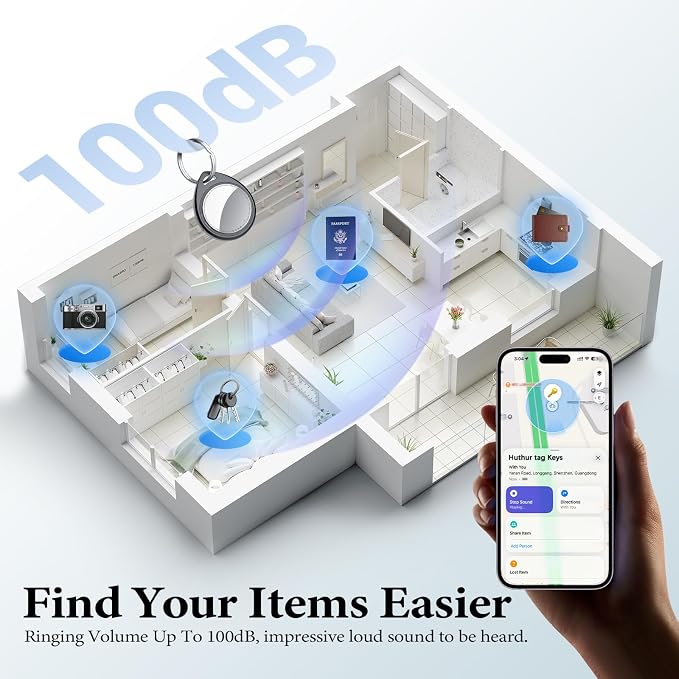 Air Tracker Tags-4 Pack Work with Apple Find My (iOS Only) 100dB Sound | 5.3 Smart Bluetooth Tracker, Smart Tag with Keychain/Lanyard, Item Finder for Luggage/Key/Suitcase, Replaceable Battery Black - Image 3