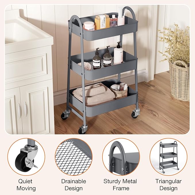 NEWBULIG 3-Tier Metal Rolling Storage Utility Cart with Lockable Wheels | Mobile Organizer Shelf, Space-Saving, Freestanding, Bathroom, Living Room, Slim, Narrow Corner Spaces, Grey - Image 2