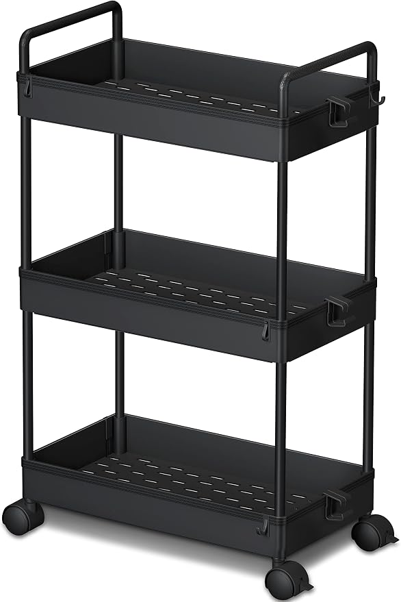 Ronlap 3 Tier Slim Rolling Storage Cart with Wheels Utility Organizer,Black | For bathroom, laundry, kitchen, bedside & dorm. Fits art, craft, snack, makeup, nail, diaper & postpartum baby supplies by Ronlap