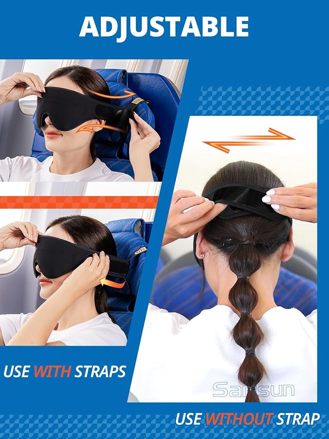SARISUN Airplane Head Strap - 3D Eye Mask for 360° Stable Support, Compact | Travel Pillow Alternative for Long Flight, Attach to Seat Headrest, Stops Bobblehead, Soft and Portable, Sleep Support, Black - Image 3