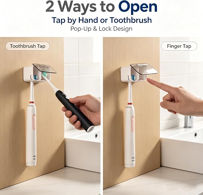 Toothbrush Holder Wall Mounted with Pop-Up Waterproof Cover, 2 Slots & Ventilated, No-Drill Adhesive Bathroom Organizer, Detachable Easy Clean, Fits Most Manual & Electric Toothbrushes (1pc Grey) - Image 6