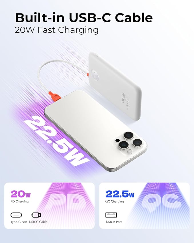 VIYISI 0.58” Slim Portable Charger Small 10000mAh with Built-in USB C Cable | 20W Compact Power Bank Fast Charging Battery Pack, Campus Essential for iPhone 17 16 15 Samsung S25 A16 Android-White - Image 3