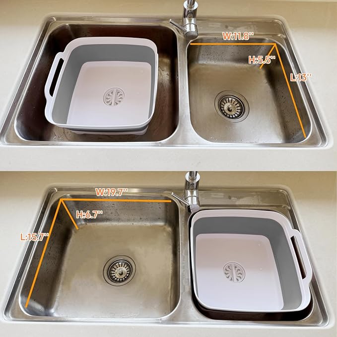 Collapsible Wash Basin with Drain Plug - 2.4 Gallon Foldable Kitchen Sink for Baby Bottles, RV Camping, Space-Saving Dish Tub (Gray-Gray) - Image 7
