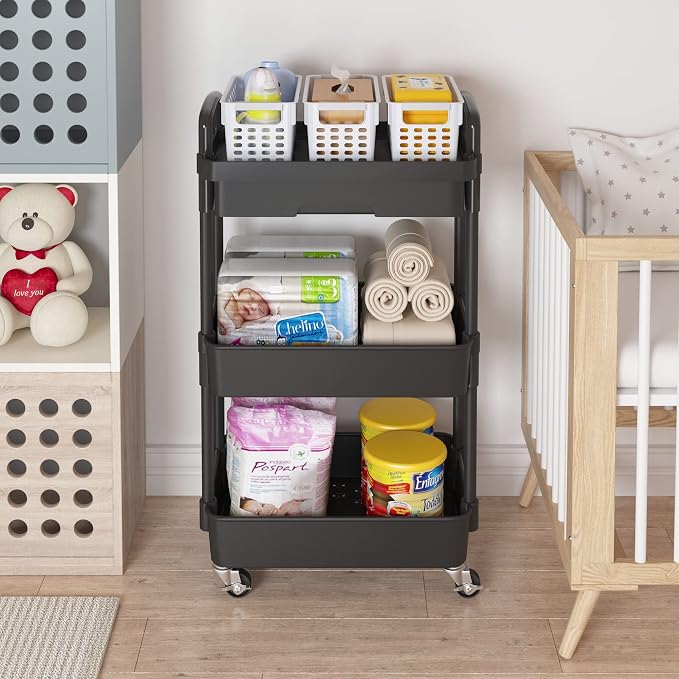 Calmootey 3-Tier Utility Cart with Drawer & Wheels, Storage for Home,Office | Space-Saving Organizer, Sturdy Plastic Shelves, Smooth-Rolling Metal Wheels, Built-in Drawer for Small Items, Black - Image 3