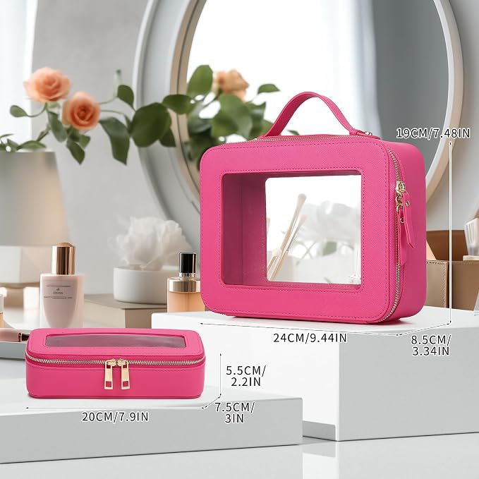 Pinkmik Clear Makeup Bag with Brush Bag, (Fuxia, L+SLIM) | 2pcs, Waterproof, Travel Case for Cosmetics and Toiletries, Women's Cosmetic Organizer, with Zipper - Image 2