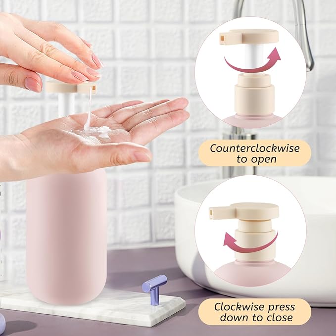 6 Pcs 10 oz Soft Plastic Bottles with Press Pump,Empty Refillable Travel Shampoo Dispenser Container for Hand Soap,Shampoo,Lotion,Body Wash,Conditioner,Silicone Funnel Included (Pink) - Image 2