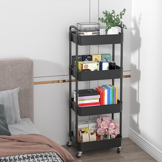 Sywhitta 4-Tier Plastic Rolling Utility Cart with Handle, Multi-Functional Storage Trolley for Office, Living Room, Kitchen, Movable Storage Organizer with Wheels, Black (Pack of 2) - Image 6