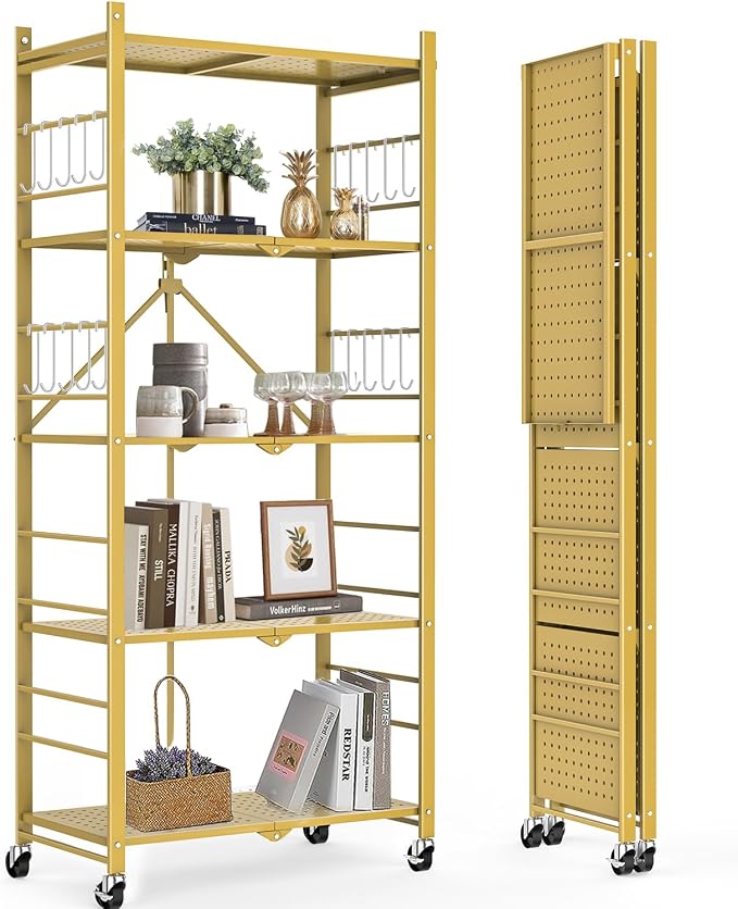 Himix 5-Tier Foldable Storage Shelves with 20 Hooks Wheels Bookshelf Gold | Folding shelving units, Metal collapsible organization, Wire shelf, No assembly, Garage, Home room, Greenhouse, Holds 440 Ibs - Image 8