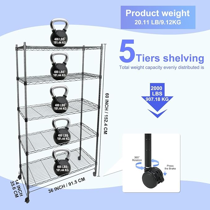 Whitmor 5 Tier Metal Storage Shelves, Heavy Duty with 4 Wheels & Adjustable Feet, 400 lbs Capacity per Shelf, Max 2000 lbs Total for Home, Garage, Workshop, 36" L x 14" W x 60" H, Black - Image 3