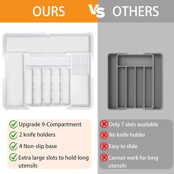 Homecor Silverware Organizer for Kitchen Drawer, Expandable Utensil Drawer Organizer with 2 Knife Block, Flatware and Cutlery Holder, Adjustable Plastic Storage for Spoons Forks Knives - Image 3